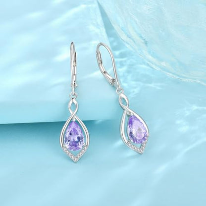 Infinity Teardrop Earrings 925 Sterling Silver Dangle Drop Leverback Earrings Birthstone Jewelry for Women - color: Light Lavender