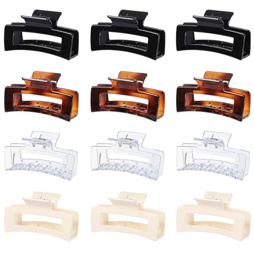 Sisiaipu 3.5 Inch Medium Square Claw Hair Clips, 12 Pcs Transparent, Amber, Glossy Black for Thick and Thin Hair - Hair Accessories for Women and Girls - color: Transparent