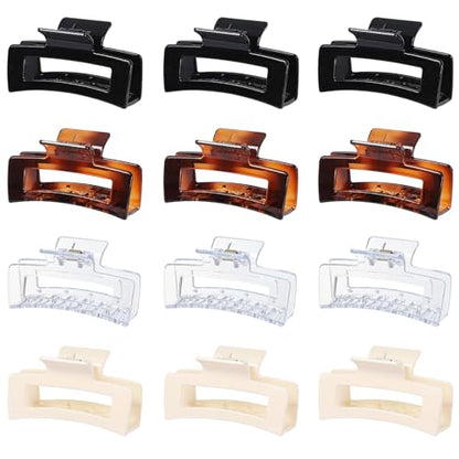 Sisiaipu 3.5 Inch Medium Square Claw Hair Clips, 12 Pcs Transparent, Amber, Glossy Black for Thick and Thin Hair - Hair Accessories for Women and Girls - color: Transparent