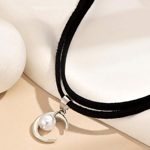 Fesciory Black Necklaces for Women, Adjustable Layered Velvet Leather Lace Collar Necklace, Goth Jewelry Gifts. - color: Pearl Moon