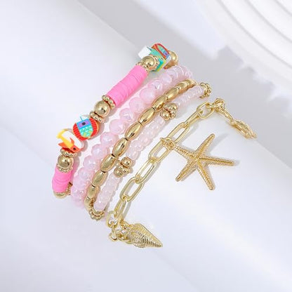 Summer Surfer Heishi Bracelet Set for Women Stackable Gold Plated Clay Ploymer Bead Stretch Pink Beach Layering Bracelets Jewelry - color: A-Pink 8 fish 5pcs