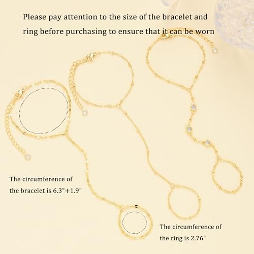 3PCS 14K Gold-Plated Hand Chain Bracelets for Women, Stack Bracelets Set Adjustable, Trendy Dainty Ring Bracelet Hand Chain - color: gold-3-Lip chain