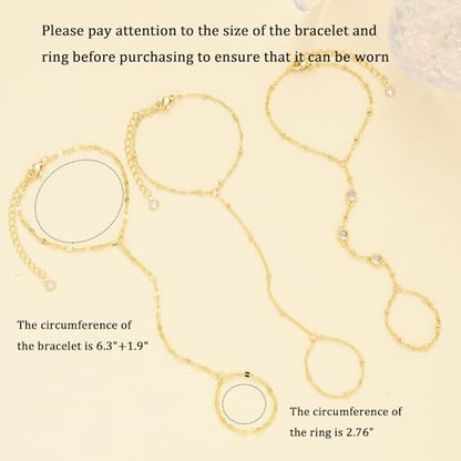 3PCS 14K Gold-Plated Hand Chain Bracelets for Women, Stack Bracelets Set Adjustable, Trendy Dainty Ring Bracelet Hand Chain - color: gold-3-Lip chain