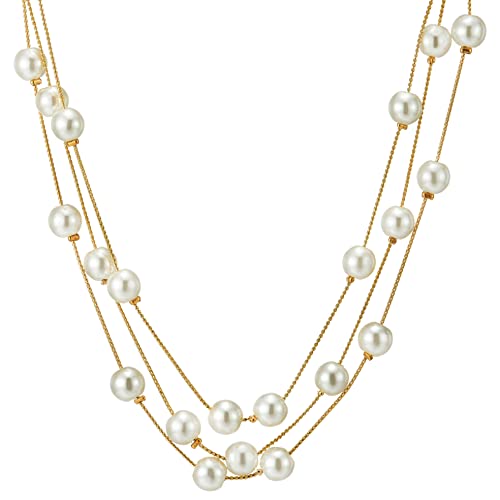 Women's Cream Pearl Triple Strand Necklace, Multi Layered Gold Toned Chain Jewelry, Elegant Luminous Beaded Choker, Classic Glamour Accessory, Gift for Her