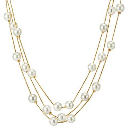 Women's Cream Pearl Triple Strand Necklace, Multi Layered Gold Toned Chain Jewelry, Elegant Luminous Beaded Choker, Classic Glamour Accessory, Gift for Her