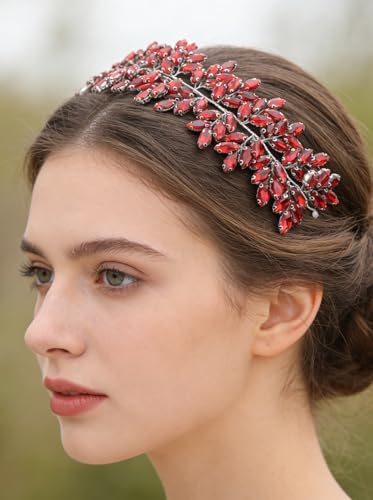 Missgrace Women Silver Green Black Red Blue Handmade Full Crystal Rhinestone Large Headband Hair Vine Shinny Headpiece Bridal Wedding Hair Accessories for Women (Silver red) - color: Silver red