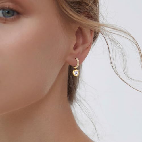 Heart Hoop Earrings with Dangle Sterling Silver Love Heart-Shaped Loop Earrings for Women Hypoallergenic Sparkle Birthstone Cubic Zirconia Hoop Earring with Dangling Charms Dainty Fashion Jewelry Gift - color: Gold-White