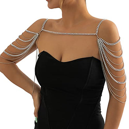 Summer Beach Punk Shoulder Body Chain Multi-Layered Back Chain Bikini Metal Tassel Arm Chain Statement Bridal Wedding Backdrop Necklace Body Chain Jewelry for Women - color: Siler