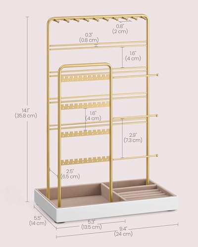 SONGMICS Necklace Holder, Jewelry Stand Holder Organizer, Jewelry Display with Metal Frame, Velvet Tray, Earring Bracelet Holder, for Gift Idea, 5.5 x 9.4 x 14.1 inch, Pale Gold UJJS028A01 | Necklace Earring Bracelet Holder, for Studs, Rings, Gift Idea, P