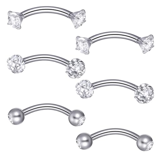 6 Pcs Bridge Piercing Jewelry - Stainless Steel Curved Barbell Piercing Jewelry, 16 Gauge 10mm Eyebrow Rings, Nose Bridge, Surface Tragus Earrings