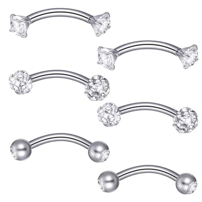 6 Pcs Bridge Piercing Jewelry - Stainless Steel Curved Barbell Piercing Jewelry, 16 Gauge 10mm Eyebrow Rings, Nose Bridge, Surface Tragus Earrings