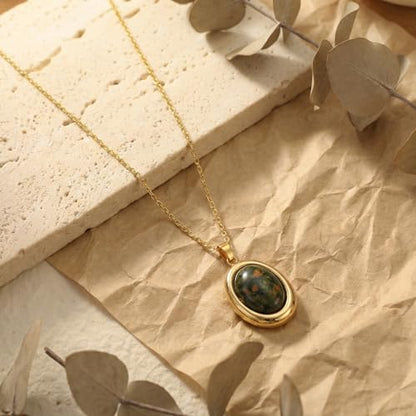 Colorful Natural Stone Necklaces for Women Trendy 14K Gold Plated Oval Gemstone Pendant Statement Necklace Jewelry Gifts for Women - color: Yellow