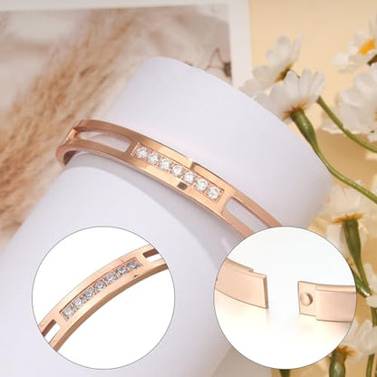 MILAKOO 6/8mm Gold/Silver Color Bangle Hollow Stainless Steel with Rhinestone Bracelets - color: Rose Gold, size: 6mm