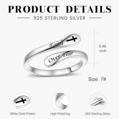 Fookduoduo 925 Sterling Silver Ring Inspirational Jewelry adjustable Wrap Open Rings for Women - style: Faith Over Fear