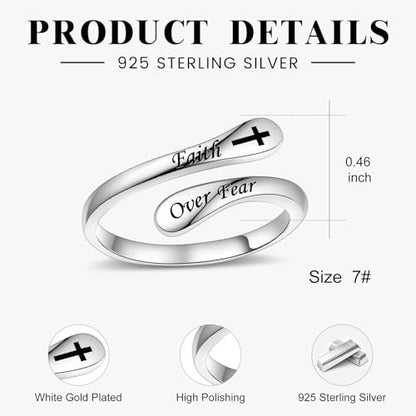Fookduoduo 925 Sterling Silver Ring Inspirational Jewelry adjustable Wrap Open Rings for Women - style: Faith Over Fear