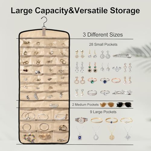Hanging Jewelry Organizer Storage Roll with 39 Clear Pockets Double-Sided Foldable, Necklace Organizer Tangle Free, Travel Jewelry Holder for Earrings, Rings, Bracelets, Hanging on Closet, Wall, Door - size: Large