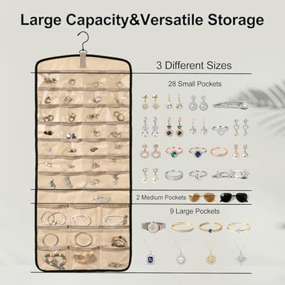Hanging Jewelry Organizer Storage Roll with 39 Clear Pockets Double-Sided Foldable, Necklace Organizer Tangle Free, Travel Jewelry Holder for Earrings, Rings, Bracelets, Hanging on Closet, Wall, Door - size: Large