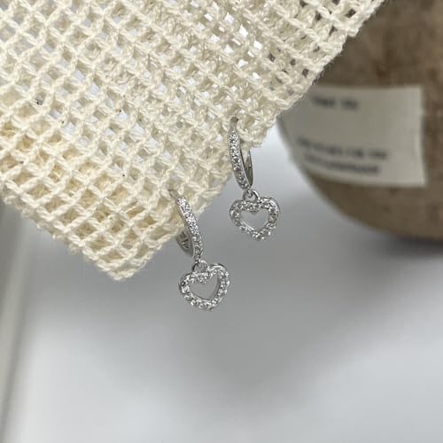 CZ Heart Small Sleeper Hoop Earrings for Women 925 Sterling Silver Crystal With Charms Cute Love Hearted Dangle Drop Earring Cartilage Cuffs Studs Delicate Valentine's Day Jewelry Gifts Hypoallergenic Huggie