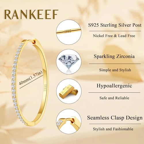RANKEEF Gold/Silver Hoops Earrings For Women Hypoallergenic | S925 Silver Hoop Earings Lightweight Gold Hoops Gold Rhinestone Earring With Cubic Zirconia 20/30/40mm - color: Gold-40mm
