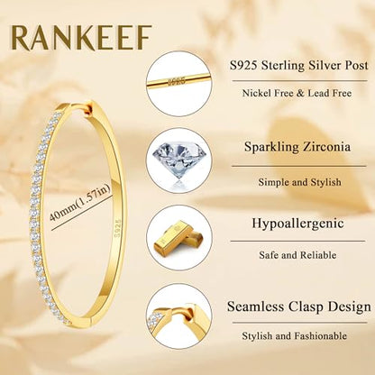 RANKEEF Gold/Silver Hoops Earrings For Women Hypoallergenic | S925 Silver Hoop Earings Lightweight Gold Hoops Gold Rhinestone Earring With Cubic Zirconia 20/30/40mm - color: Gold-40mm
