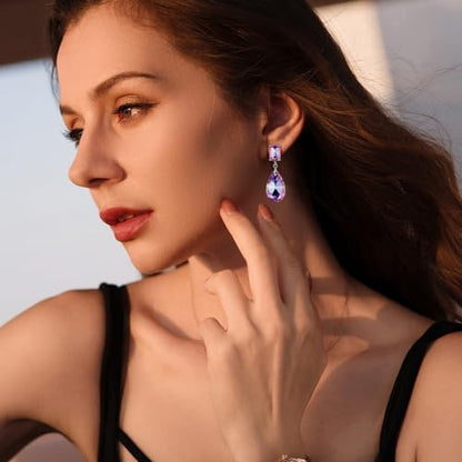 Crystal Heart Teardrop Dangle Earrings for Women Hypoallergenic Multicolor Cubic Zirconia Drop Earrings for Wedding Prom Party Daily Wear - color: Teardroppurple