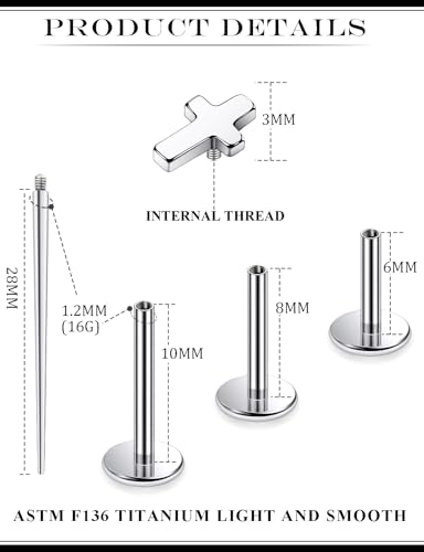 16G Astm F136 Titanium Internal Thread Flat Back Earrings Nose Studs Tragus Forward Helix Conch Cartilage Lobe Earrings Stud Medusa Labret Monroe Lip Ring Piercing Jewelry For Women Men - size: 16G--Style A