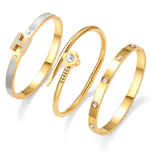 3Pcs Gold Bracelets for Women 14K Gold Plated Love/H/Nail Bangle Bracelet Dainty Non Tarnish Bracelet Jewelry Christmas Mothers Day Gifts for Women - color: 3Pcs Gold/Grey H bracelet