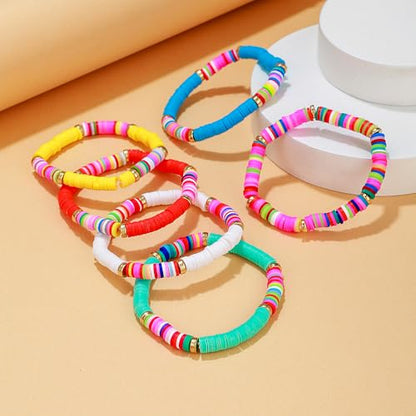 Friendship Bracelets for Women - Heishi Surfer Colorful Smile Evil Eye Clay Beaded Stretch Bracelets Elastic Layering - Stackable Boho Disc Y2K Aesthetic Summer Jewelry Set. - color: Heishi-6pc-colorful