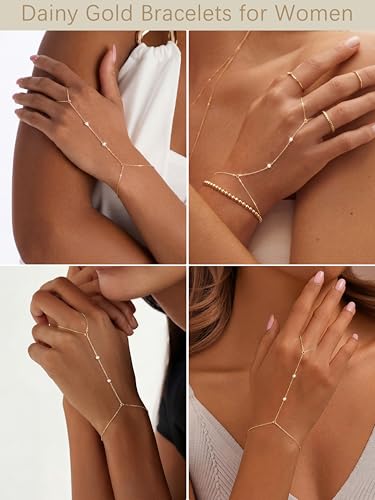 Waterproof 14K Gold Plated Hand Chain for Women Trendy, Non Tarnish Dainty Cubic Zirconia Finger Ring Bracelet, Summer Beach Hand Jewelry Minimalist Adjustable Simple Cute Gold Ring Chain Bracelets Fashion Gifts - color: gold
