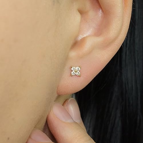 QueenBee 14K Gold Plated Ivy Flower Birthstone Stud Earrings for Women Dainty Floral Gemstone Studs Unique Jewelry Gift for Her - color: Apr-Crystal