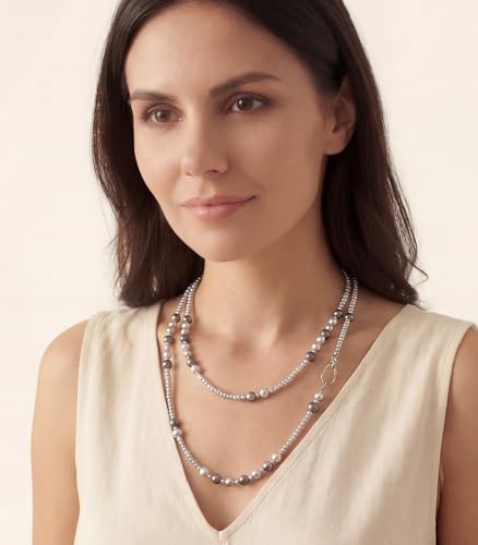 Long Beaded Necklaces for Women Pearl Stone Bead Strand - Layered Sweater Chain Elegant Mother's Day Jewelry Gifts - color: Grey