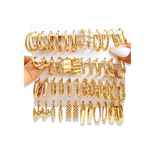 16-24 Pairs Gold Silver Black Earring Set for Women, Chunky Earring Multipack Punk Trendy Big Small Stud Hoop Earring Lightweight Twisted Pearl Ear Pack For Daily Birthday Party Gift - color: Golden