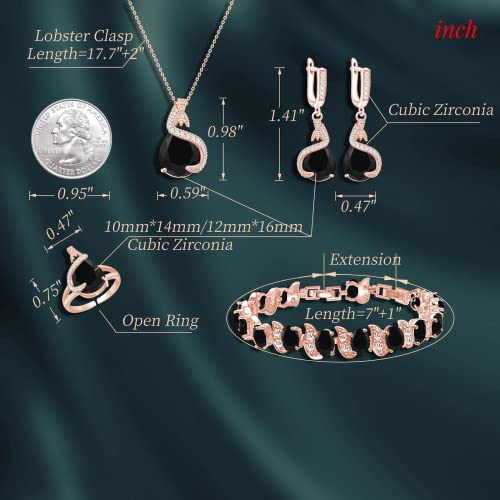 GZWHD Jewelry Set for Women Water Drop Cubic Zirconia Artificial Crystal Earrings Pendant Necklace Open Ring Tennis Bracelet Wedding Anniversary Birthday Engagement Gift for Bridesmaid Wife Girlfriend Friend - color: Rose Gold-Black