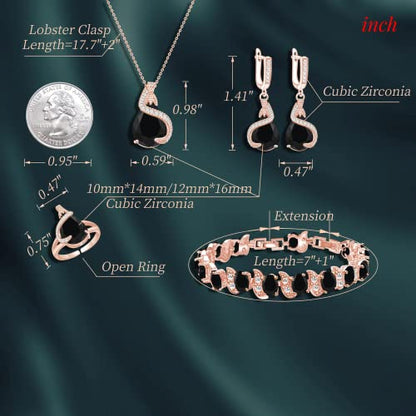 GZWHD Jewelry Set for Women Water Drop Cubic Zirconia Artificial Crystal Earrings Pendant Necklace Open Ring Tennis Bracelet Wedding Anniversary Birthday Engagement Gift for Bridesmaid Wife Girlfriend Friend - color: Rose Gold-Black
