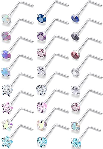 20G 18G 16G Cubic Zirconia Nose Rings Studs 316L Surgical Steel Hypoallergenic Nose Piercings Jewelry for Women Men CZ 2mm-3mm 24 Pcs - color: D-1:20G L Shaped + Silver Tone