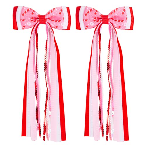 2PCS Christmas Long Streamer Hair Bow Clips, 3.54 Inch Grosgrain Ribbon Bow | Red and White Sequin, Candy Cane Pattern, Lined Alligator Clips XMAS Hair Accessories for Ponytail Styling - color: Red Candy Cane