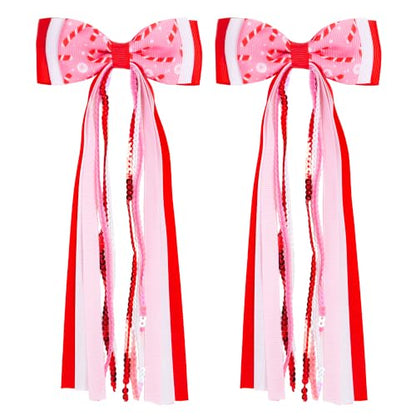 2PCS Christmas Long Streamer Hair Bow Clips, 3.54 Inch Grosgrain Ribbon Bow | Red and White Sequin, Candy Cane Pattern, Lined Alligator Clips XMAS Hair Accessories for Ponytail Styling - color: Red Candy Cane