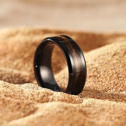 King Will Mens Galaxy Tungsten Wedding Band | 6mm/8mm, Beveled Edge, Comfort Fit, Durable, Sandstone Opal Inlay Polished, Everyday Wear - color: Black&Coffee