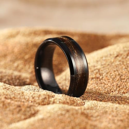 King Will Mens Galaxy Tungsten Wedding Band | 6mm/8mm, Beveled Edge, Comfort Fit, Durable, Sandstone Opal Inlay Polished, Everyday Wear - color: Black&Coffee