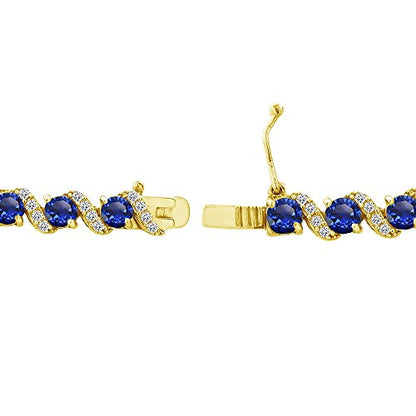 B. BRILLIANT Sterling Silver Genuine, Created or Simulated Gemstone Round S Design Tennis Bracelet for Women - color: Created Blue Sapphire - Gold Flash