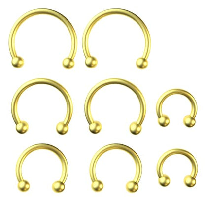 8 PCS 16G Surgical Steel Horseshoe Nose Septum Earrings Eyebrow Lip Retainer Spiral Tragus Puncture Rings 6-12mm for Women Men - color: Gold