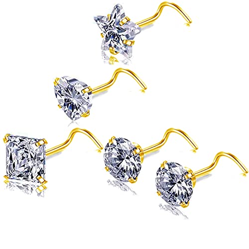 Nose Rings & Studs - 18g, 20g, 22g 14K Gold Bone Nose Studs for Women in Titanium Steel - color: 20g 5pcs Gold Screw Shaped 316L Surgical Steel