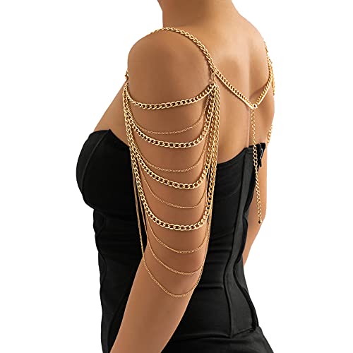 Summer Beach Punk Shoulder Body Chain Multi-Layered Back Chain Bikini Metal Tassel Arm Chain Statement Bridal Wedding Backdrop Necklace Body Chain Jewelry for Women - color: Gold