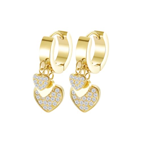 Women's Huggie Hoop Earrings with Small Cute Charm - style: Gold Two Hearts CZ