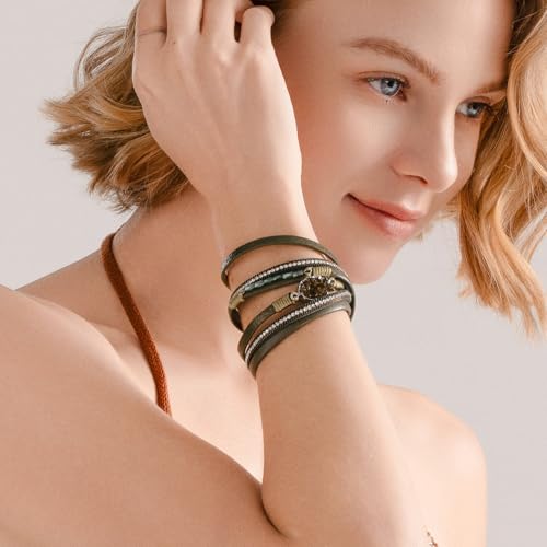 Boho Chunky Leather Wrap Bracelets Stackable Beaded Western Country Jewelry | Crystal Bead Trendy Layered Cuff Magnetic Clasp Stack Bohemian Statement Costume Outfits Cowgirl Fashion Hippie Accessories - color: Green, size: 14.7"