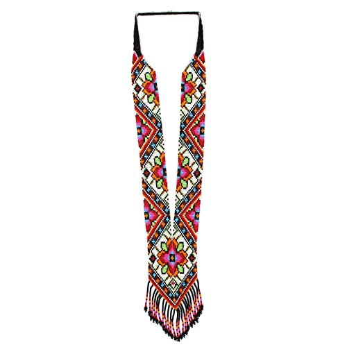 Long Beaded Necklace – Boho Native Handmade Seed Bead Tassel Necklace, Bohemian Large Statement Beaded Necklace for Women and s - color: Pattern 8
