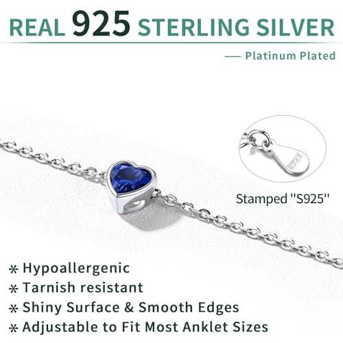 ChicSilver 925 Sterling Silver Anklets for Women, Simple Dainty Round/Heart Birthstone Ankle Bracelet Beach Foot Jewelry, 8.7-10.7 Inch Adjustable - color: 09. Heart - September(Sapphire)