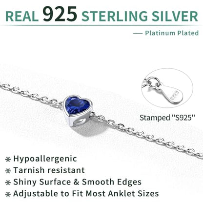 ChicSilver 925 Sterling Silver Anklets for Women, Simple Dainty Round/Heart Birthstone Ankle Bracelet Beach Foot Jewelry, 8.7-10.7 Inch Adjustable - color: 09. Heart - September(Sapphire)
