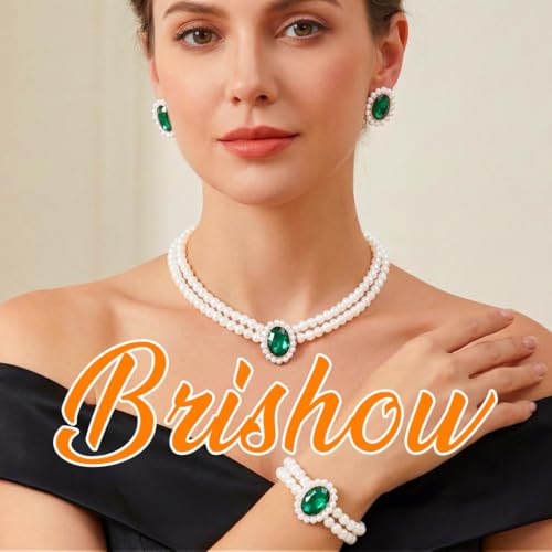 Brishow Pearl Necklace Jewelry Set Wedding Pearls Earrings Necklaces Set Bridal Crystal Bracelet Jewelry for Women (Pack of 3) - color: Green, size: 2 Layered