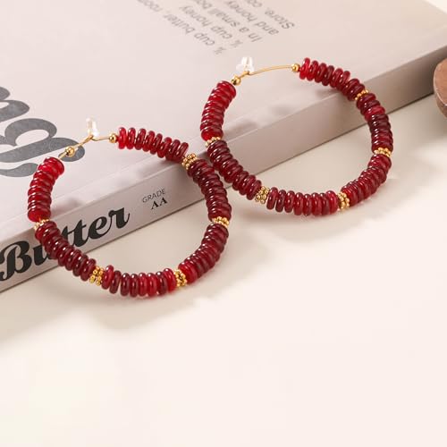 Wellike Beaded Hoop Earrings for Women Natural Stone Pink Gold Huggie Earrings Hypoallergenic Dainty Waterproof Trendy Jewelry - color: Burgundy, size: 55mm
